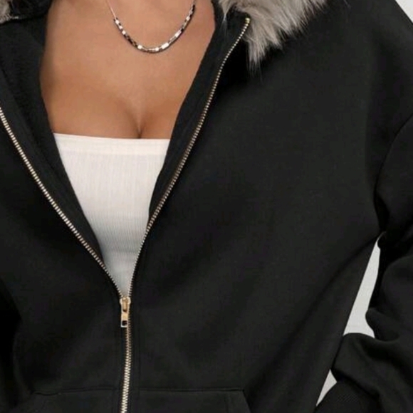Black Jacket with Faux Fur Hood Brand New - Picture 2 of 3